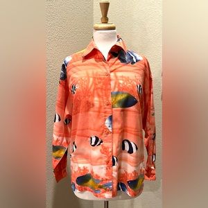 VTG Gottex Hawaiian Tropical Fish Long Sleeve Shirt Blouse Coral S